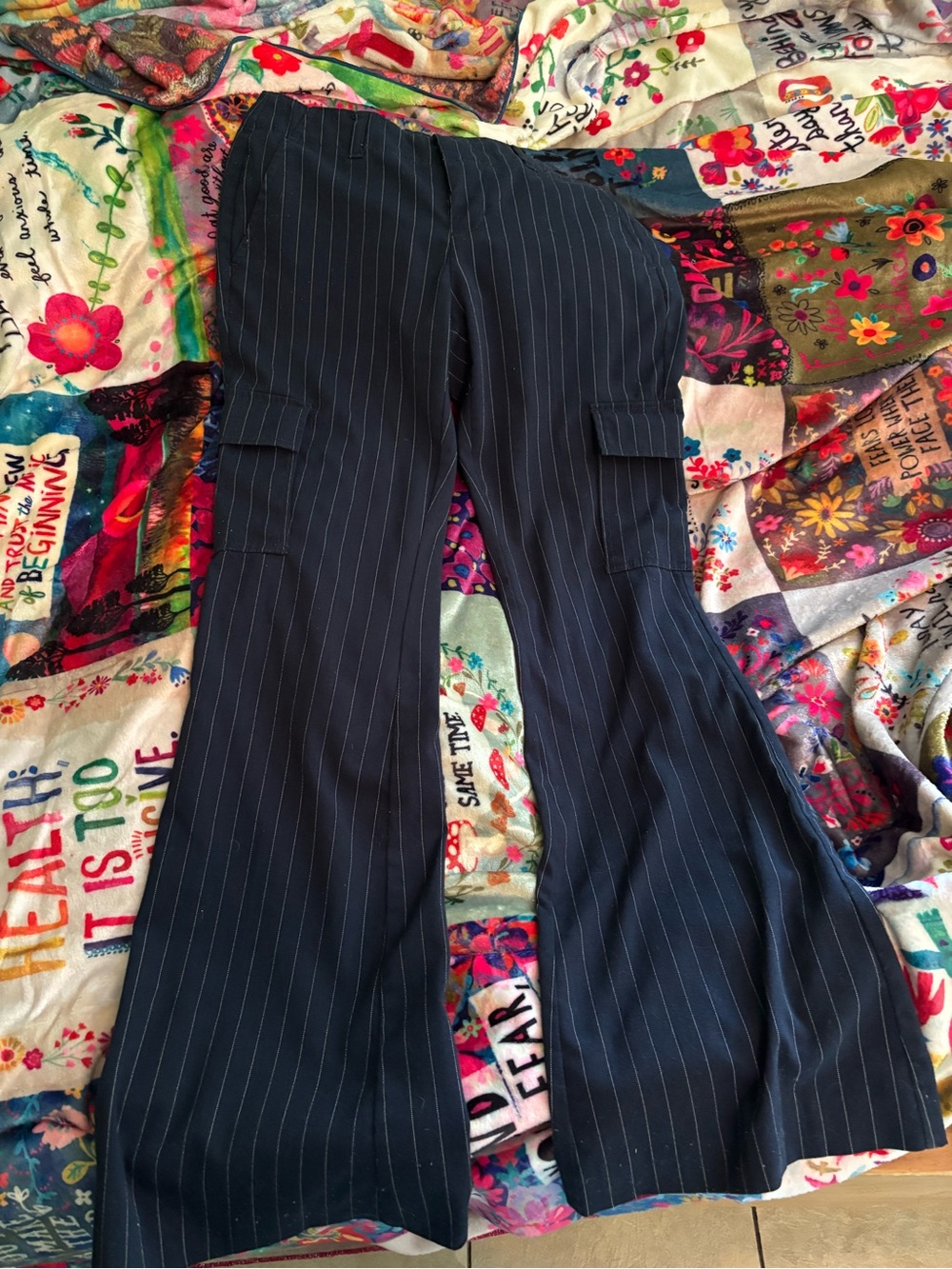 Vintage Tommy Hilfiger Pinstripe Flared Cargo Pants - Navy
